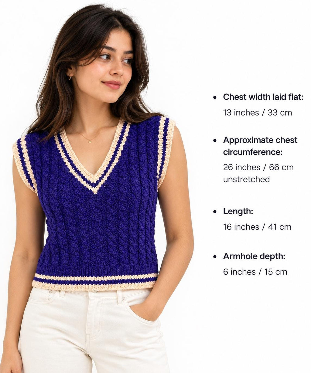 Stitch-by-Stitch Handmade Purple Cable Knit Sweater Vest, Peach Trim V-Neck + 2 Free Gifts