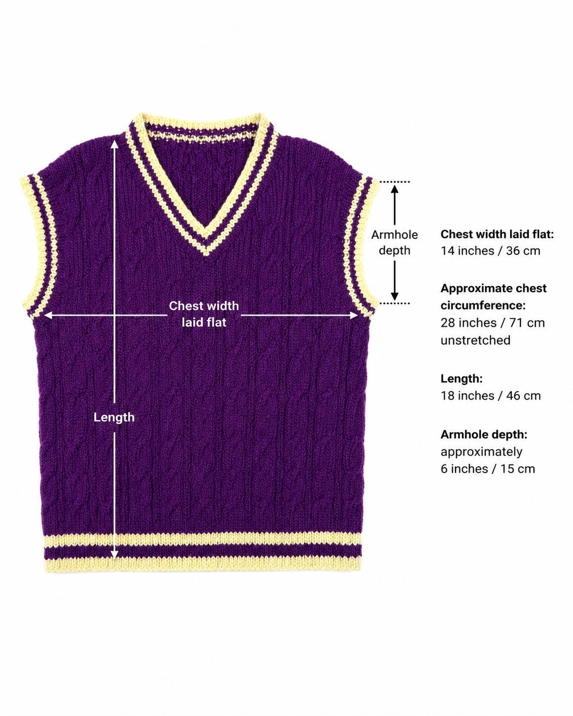 Stitch-by-Stitch Handmade Purple Cable Knit Sweater Vest, Yellow Trim V-Neck Petite XS + 2 Free Gifts