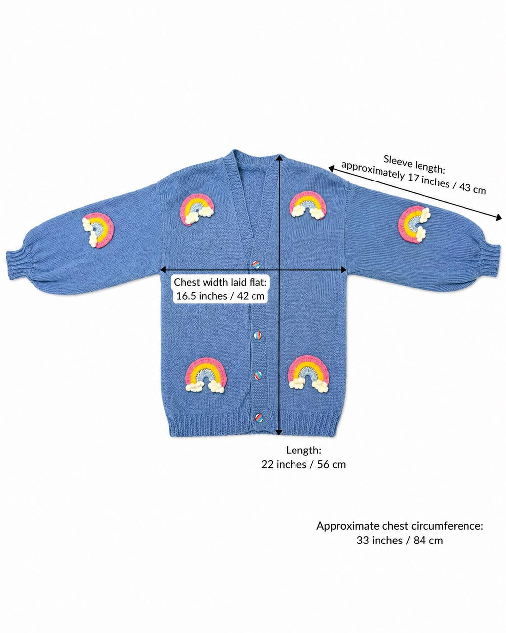 Stitch-by-Stitch Handmade Dusty Blue Knit Cardigan, Rainbow Appliqués, Balloon Sleeve, Small + 2 Free Gifts