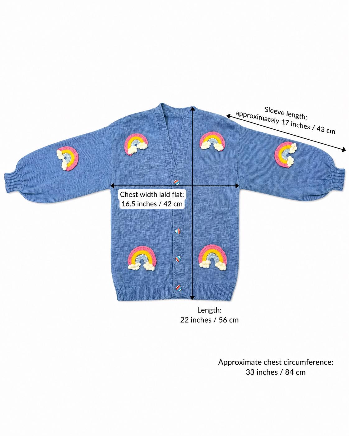Stitch-by-Stitch Handmade Dusty Blue Knit Cardigan, Rainbow Appliqués, Balloon Sleeve, Small + 2 Free Gifts