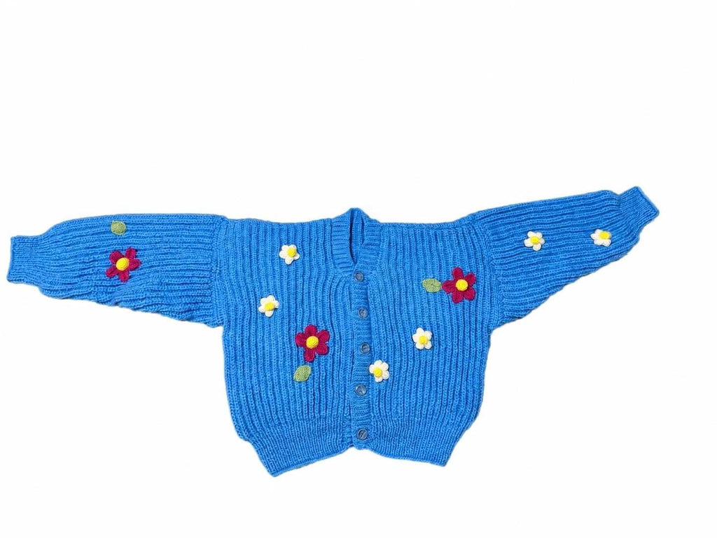 Stitch-by-Stitch Handmade Blue Knit Cardigan, Crochet Flower Appliqués, Cropped V-Neck Sweater + 2 Free Gifts