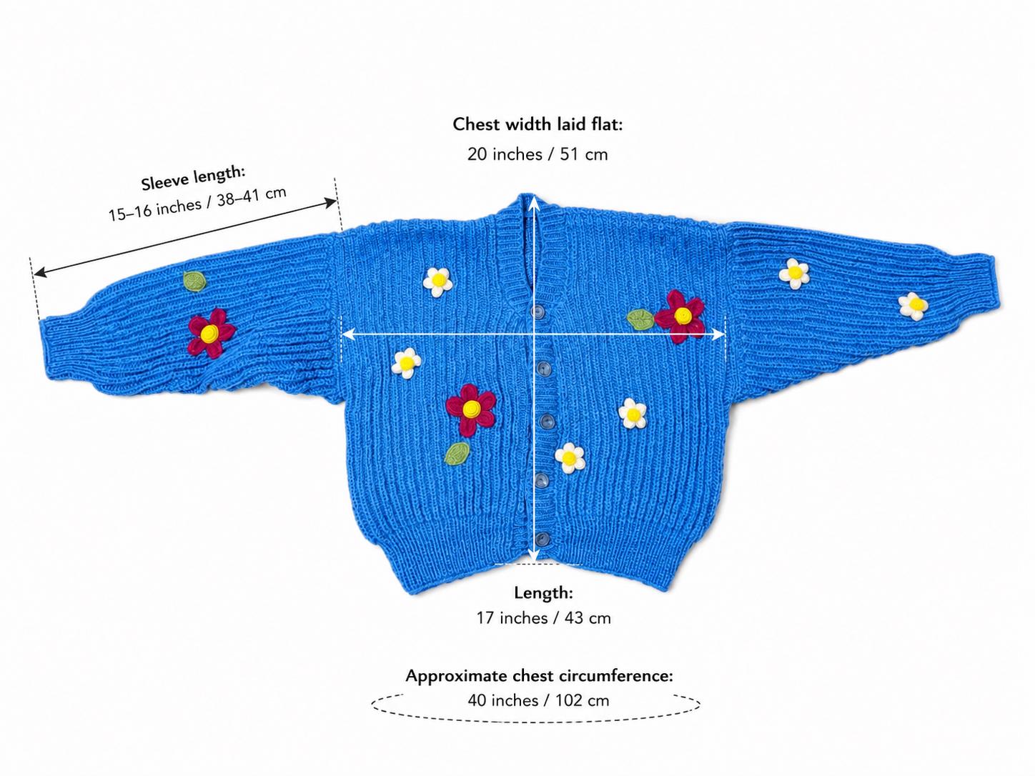 Stitch-by-Stitch Handmade Blue Knit Cardigan, Crochet Flower Appliqués, Cropped V-Neck Sweater + 2 Free Gifts