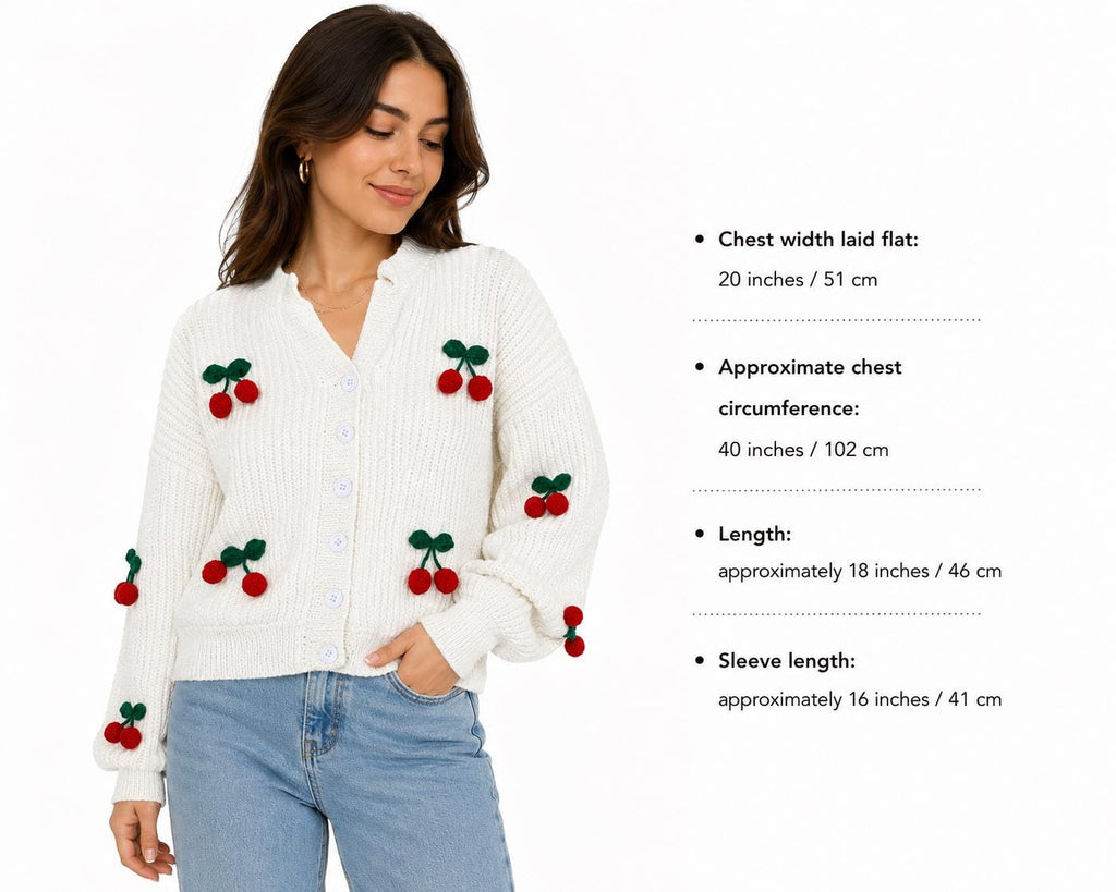 Stitch-by-Stitch Handmade Ivory Knit Cardigan, 3D Crochet Cherries, V-Neck Button-Up Sweater + 2 Free Gifts