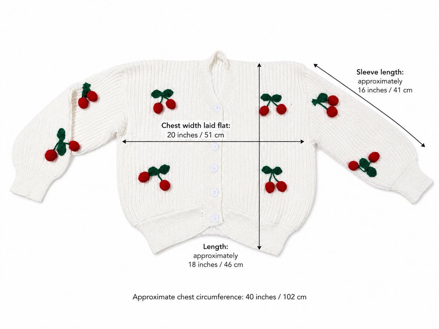 Stitch-by-Stitch Handmade Ivory Knit Cardigan, 3D Crochet Cherries, V-Neck Button-Up Sweater + 2 Free Gifts
