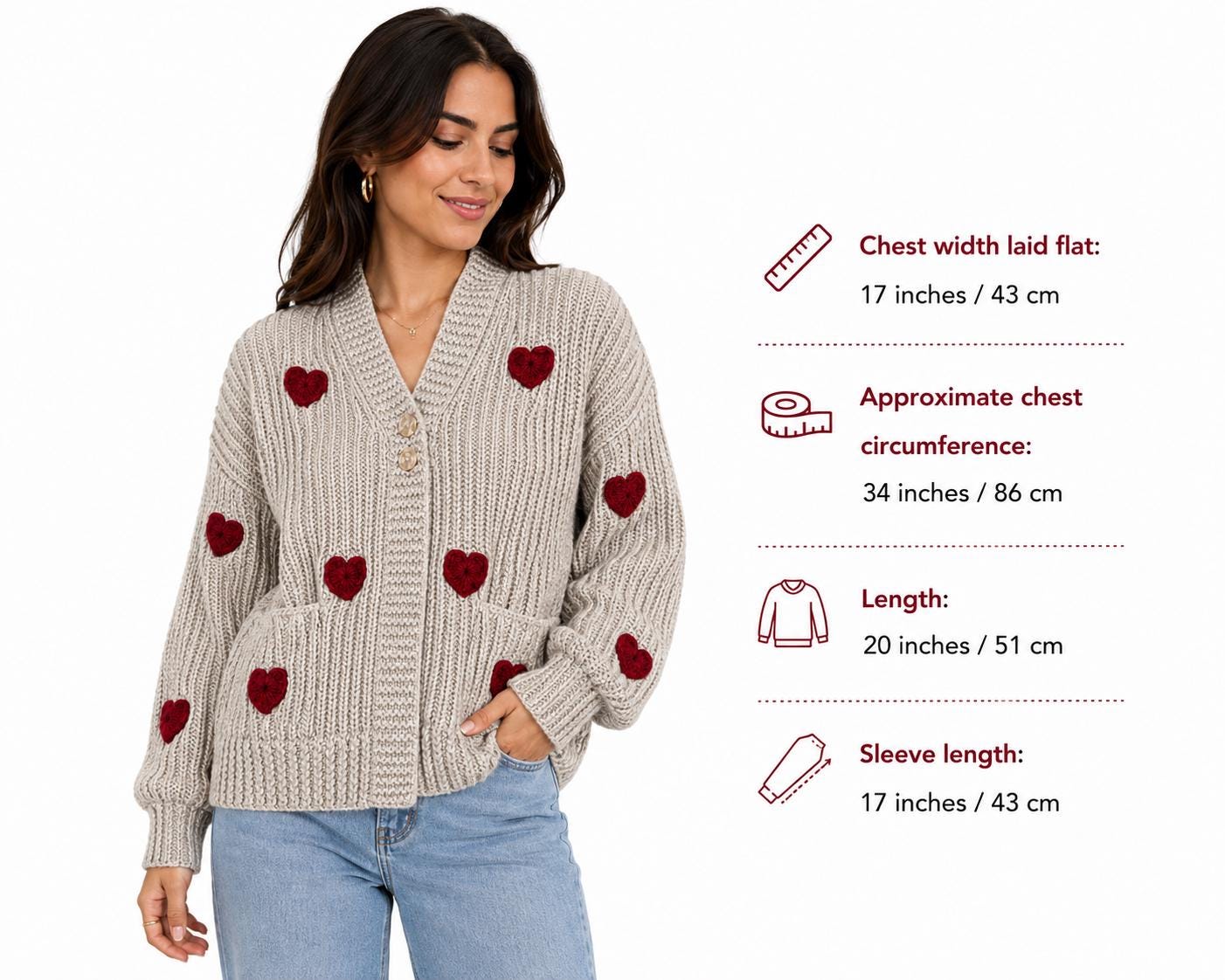 Stitch-by-Stitch Handmade Beige Chunky Knit Cardigan, Red Crochet Hearts, V-Neck Button-Up Sweater + 2 Free Gifts