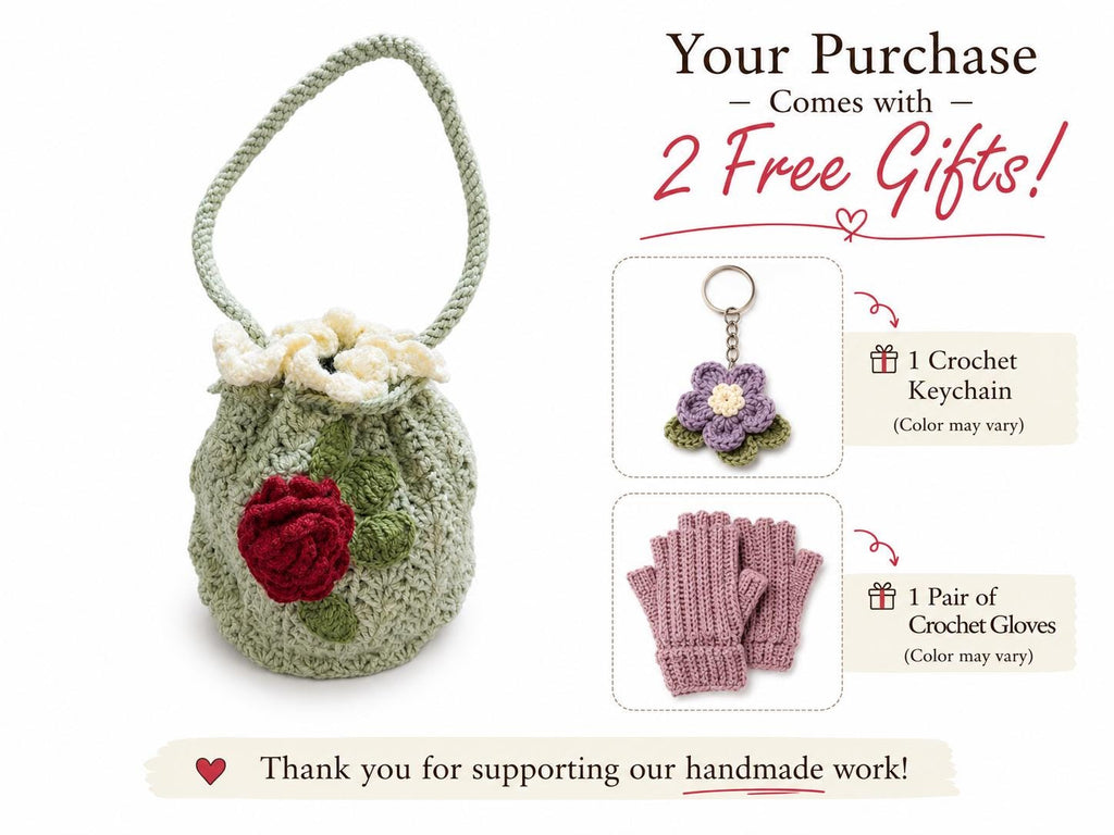 Stitch-by-Stitch Handmade Crochet Drawstring Bag, Floral Mini Bucket Purse + 2 Free Gifts