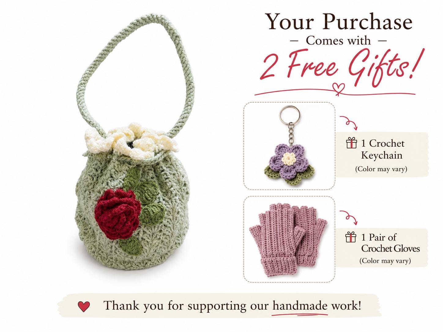 Stitch-by-Stitch Handmade Crochet Drawstring Bag, Floral Mini Bucket Purse + 2 Free Gifts