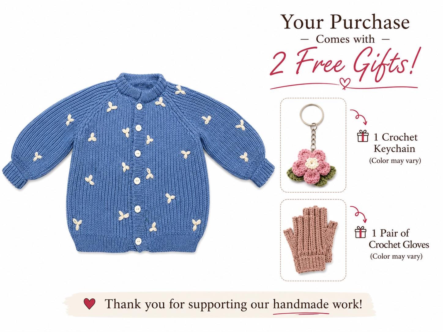 Stitch-by-Stitch Handmade Blue Knit Cardigan, Cream Leaf Balloon Sleeve Sweater + 2 Free Gifts