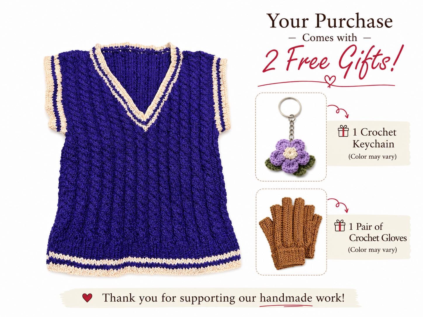 Stitch-by-Stitch Handmade Purple Cable Knit Sweater Vest, Peach Trim V-Neck + 2 Free Gifts
