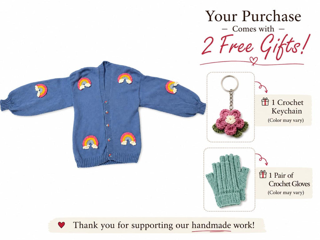 Stitch-by-Stitch Handmade Dusty Blue Knit Cardigan, Rainbow Appliqués, Balloon Sleeve, Small + 2 Free Gifts
