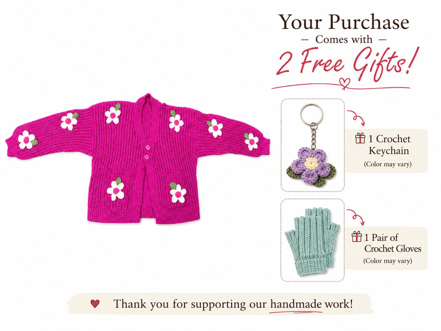 Stitch-by-Stitch Handmade Pink Floral Cardigan, Chunky Knit Button-Up Sweater, Adult Medium + 2 Free Gifts