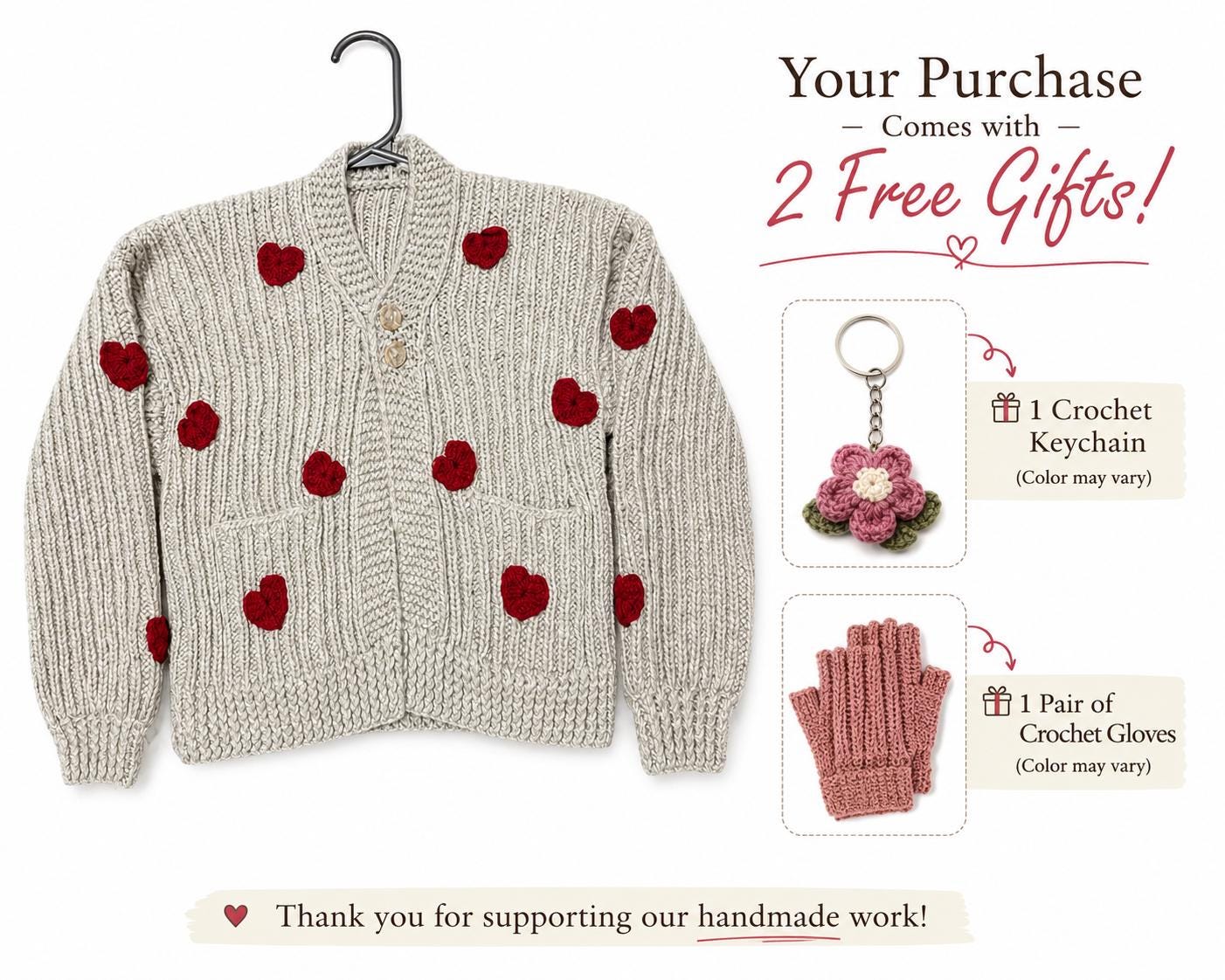 Stitch-by-Stitch Handmade Beige Chunky Knit Cardigan, Red Crochet Hearts, V-Neck Button-Up Sweater + 2 Free Gifts