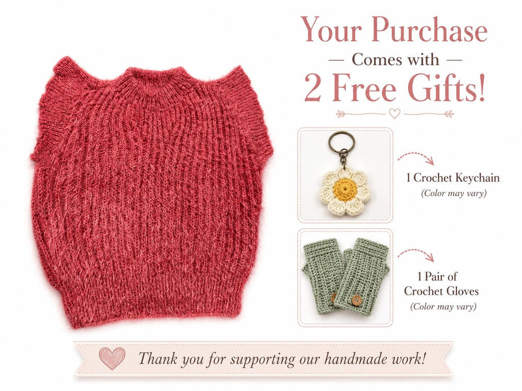 Stitch-by-Stitch Handmade Coral Fuzzy Knit Sweater Vest, Ruffle Shoulder Sleeveless Pullover + 2 Free Gifts