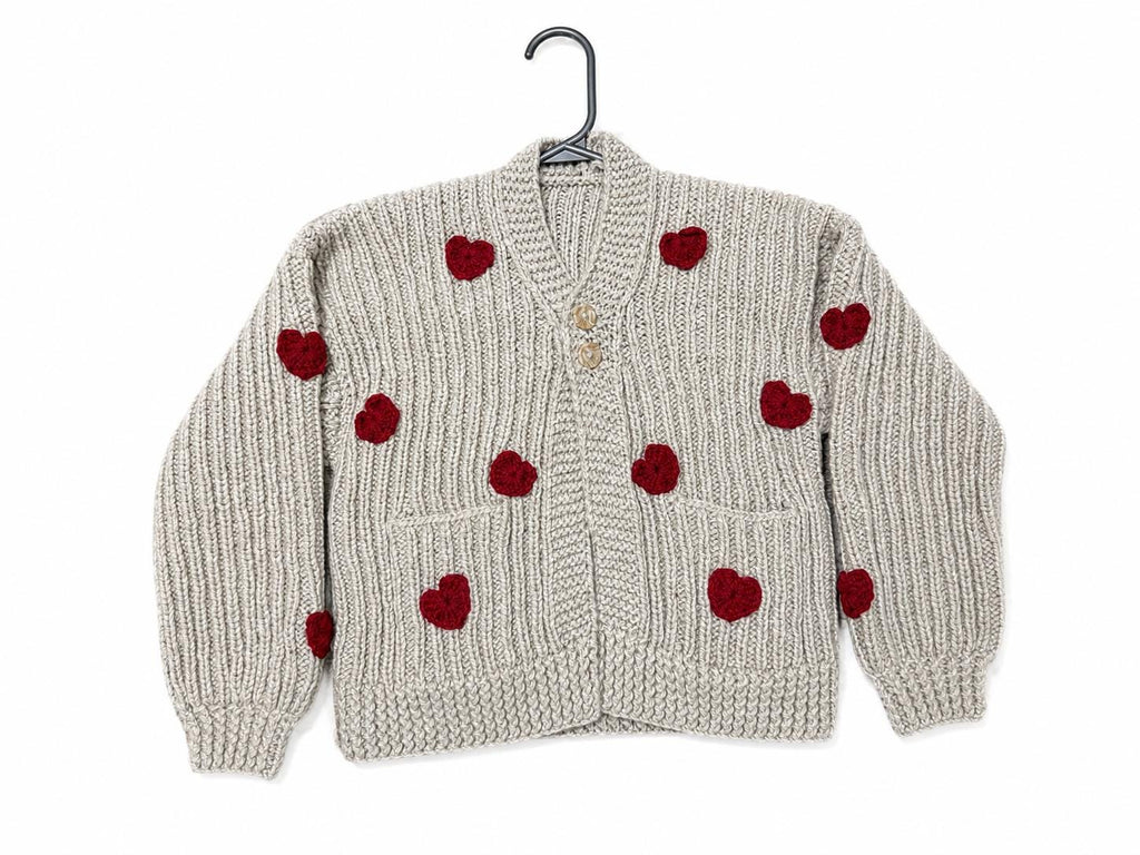 Stitch-by-Stitch Handmade Beige Chunky Knit Cardigan, Red Crochet Hearts, V-Neck Button-Up Sweater + 2 Free Gifts