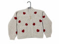 Stitch-by-Stitch Handmade Beige Chunky Knit Cardigan, Red Crochet Hearts, V-Neck Button-Up Sweater + 2 Free Gifts