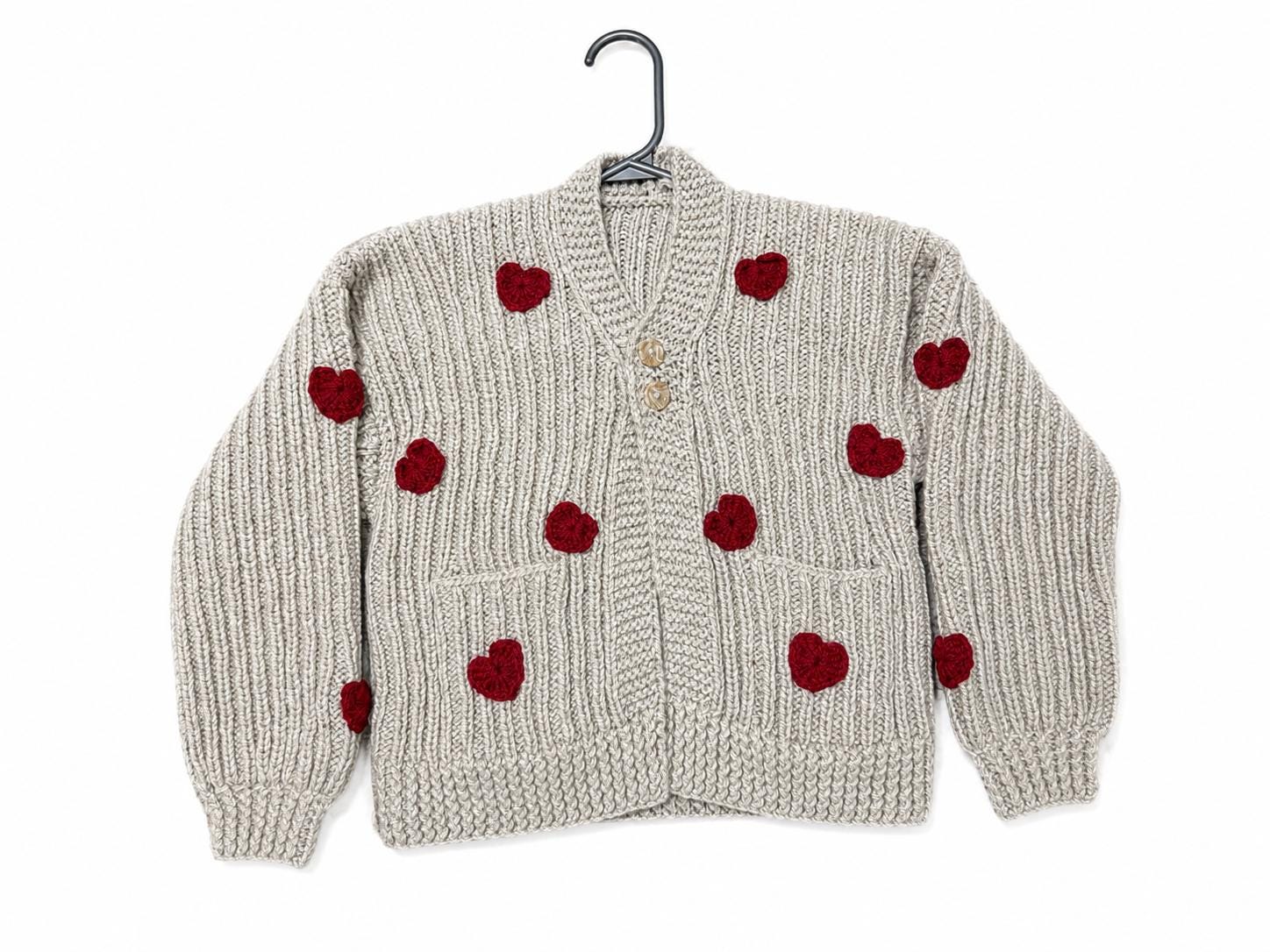 Stitch-by-Stitch Handmade Beige Chunky Knit Cardigan, Red Crochet Hearts, V-Neck Button-Up Sweater + 2 Free Gifts