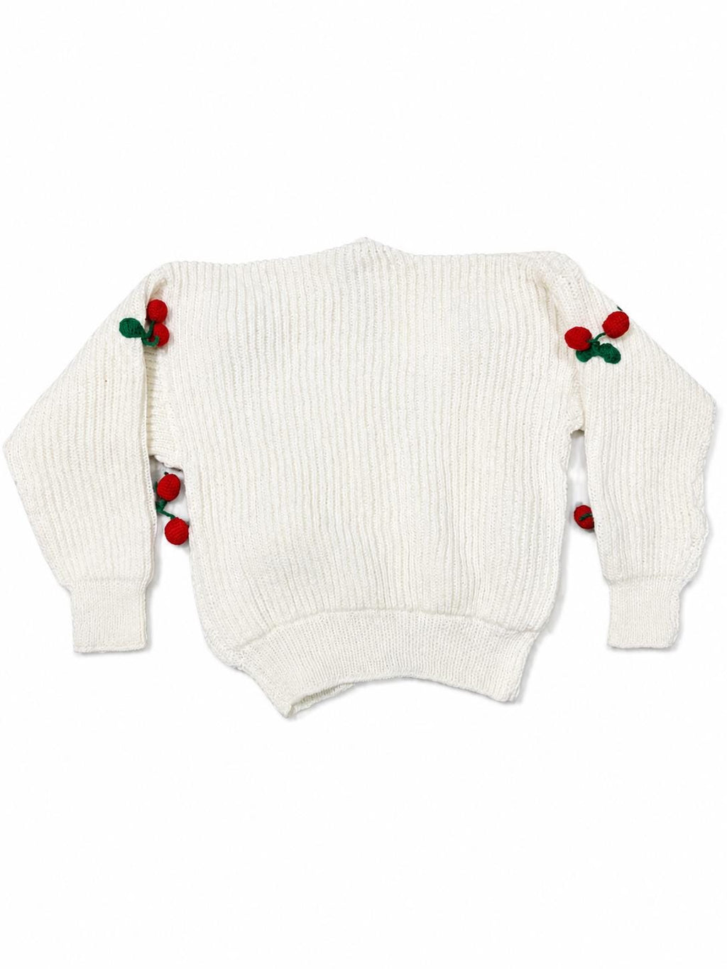 Stitch-by-Stitch Handmade Ivory Knit Cardigan, 3D Crochet Cherries, V-Neck Button-Up Sweater + 2 Free Gifts