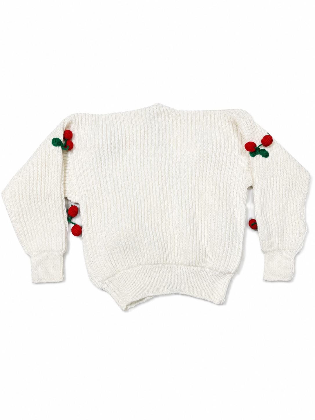 Stitch-by-Stitch Handmade Ivory Knit Cardigan, 3D Crochet Cherries, V-Neck Button-Up Sweater + 2 Free Gifts