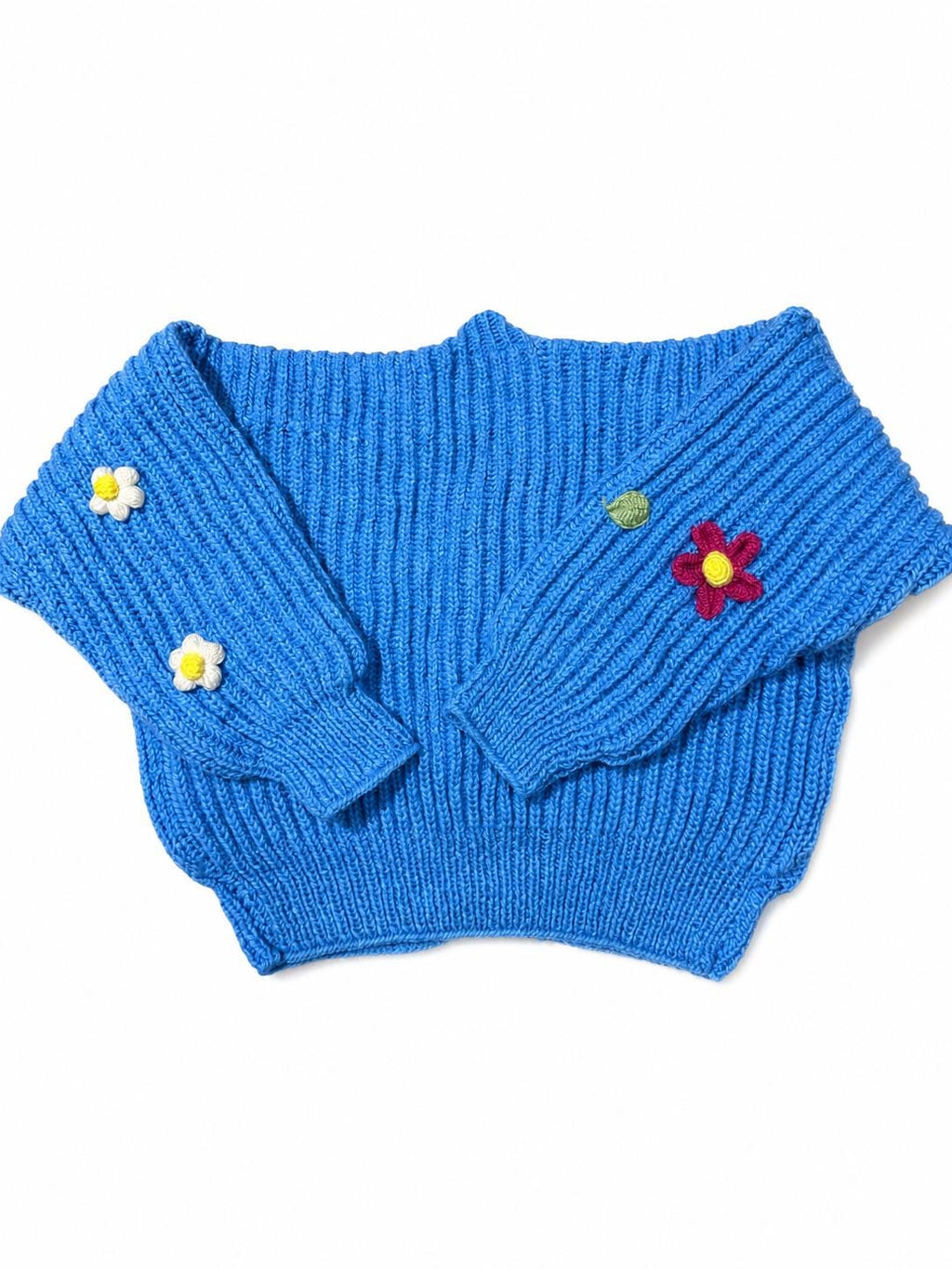 Stitch-by-Stitch Handmade Blue Knit Cardigan, Crochet Flower Appliqués, Cropped V-Neck Sweater + 2 Free Gifts