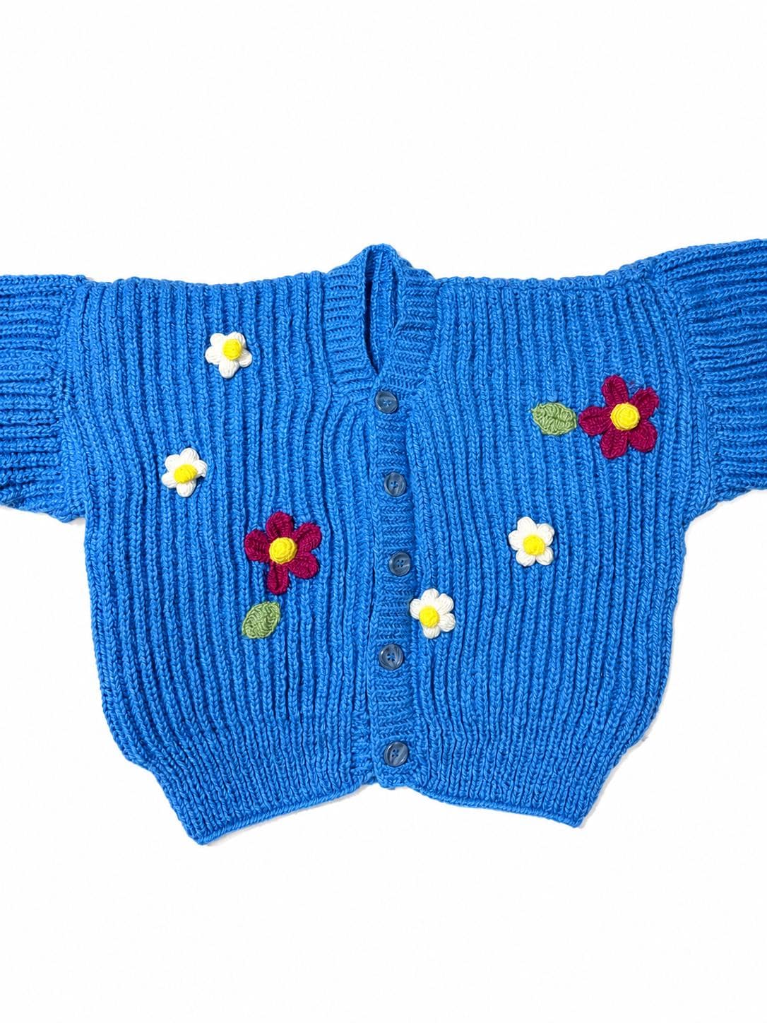 Stitch-by-Stitch Handmade Blue Knit Cardigan, Crochet Flower Appliqués, Cropped V-Neck Sweater + 2 Free Gifts