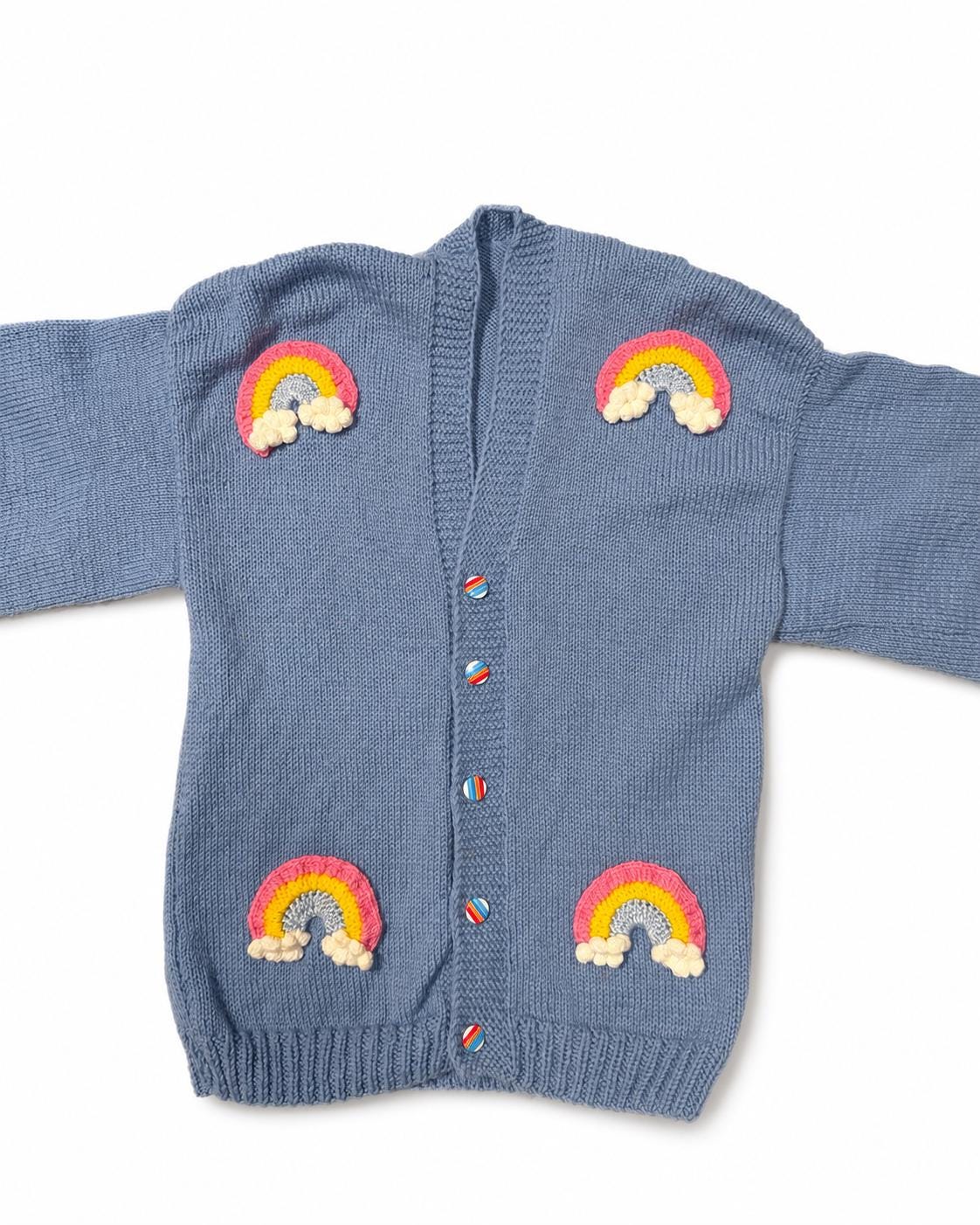 Stitch-by-Stitch Handmade Dusty Blue Knit Cardigan, Rainbow Appliqués, Balloon Sleeve, Small + 2 Free Gifts