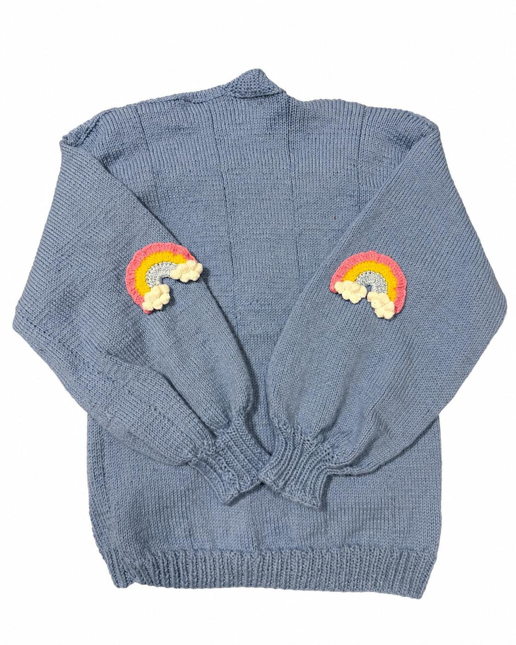 Stitch-by-Stitch Handmade Dusty Blue Knit Cardigan, Rainbow Appliqués, Balloon Sleeve, Small + 2 Free Gifts