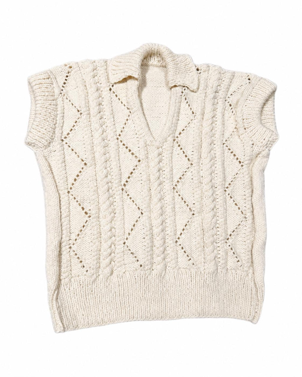 Stitch-by-Stitch Handmade Cream Cable Knit Sweater Vest, Collared V-Neck Sleeveless Pullover, Adult Small/Medium + 2 Free Gifts
