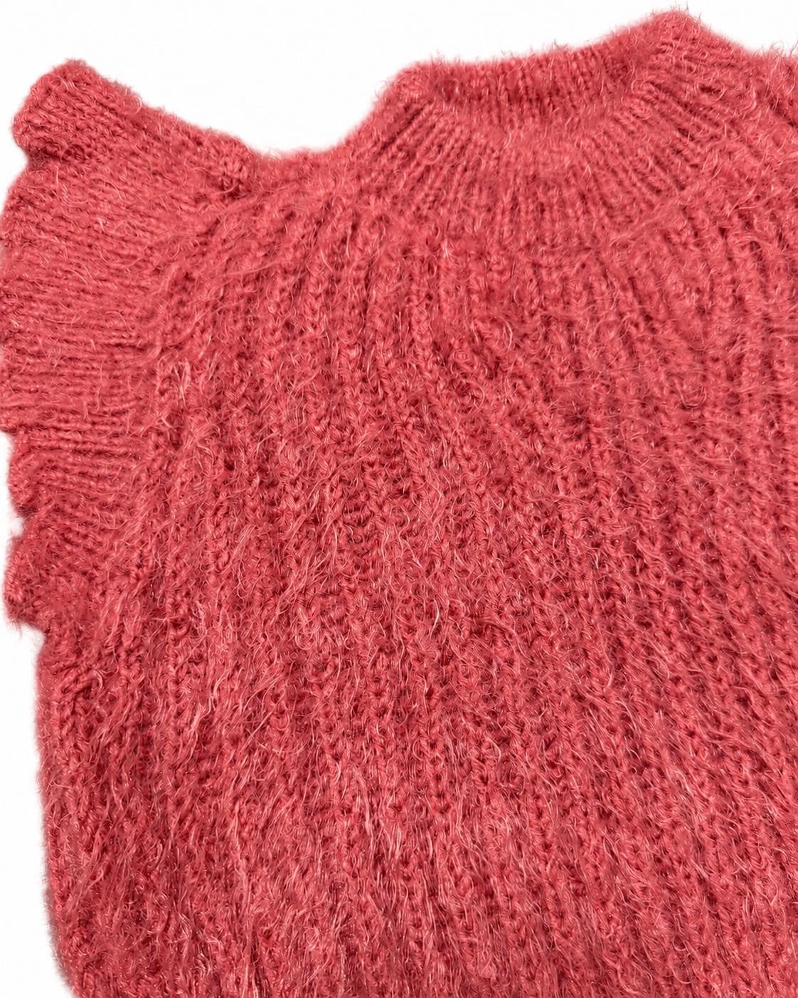 Stitch-by-Stitch Handmade Coral Fuzzy Knit Sweater Vest, Ruffle Shoulder Sleeveless Pullover + 2 Free Gifts