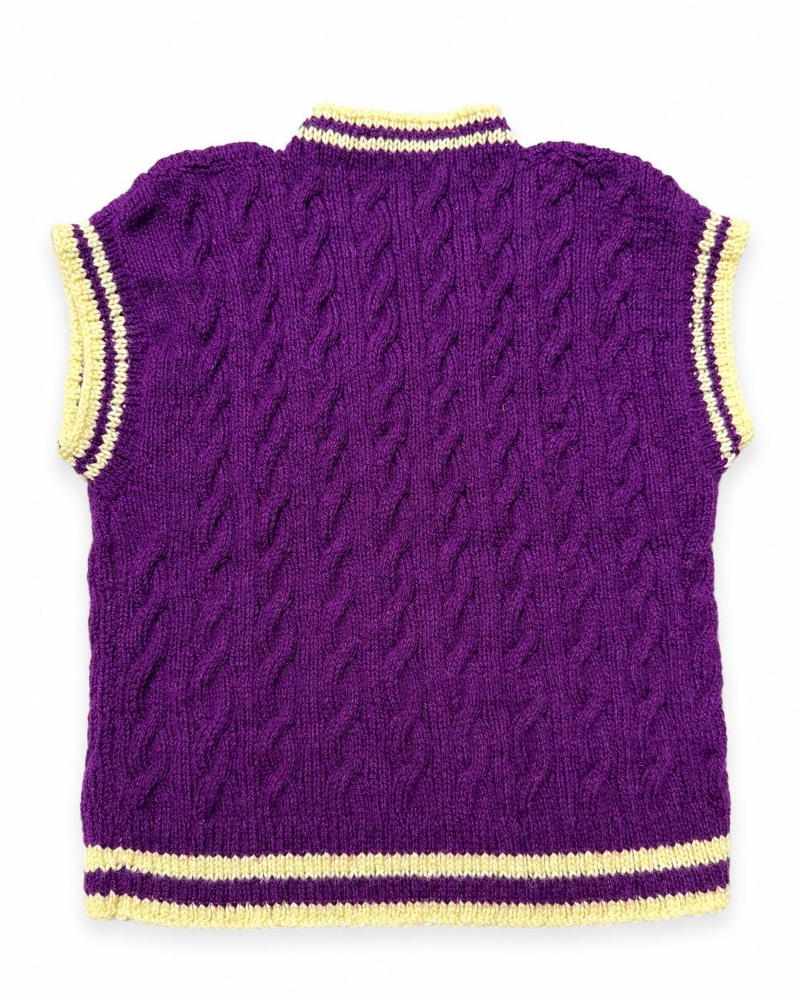 Stitch-by-Stitch Handmade Purple Cable Knit Sweater Vest, Yellow Trim V-Neck Petite XS + 2 Free Gifts