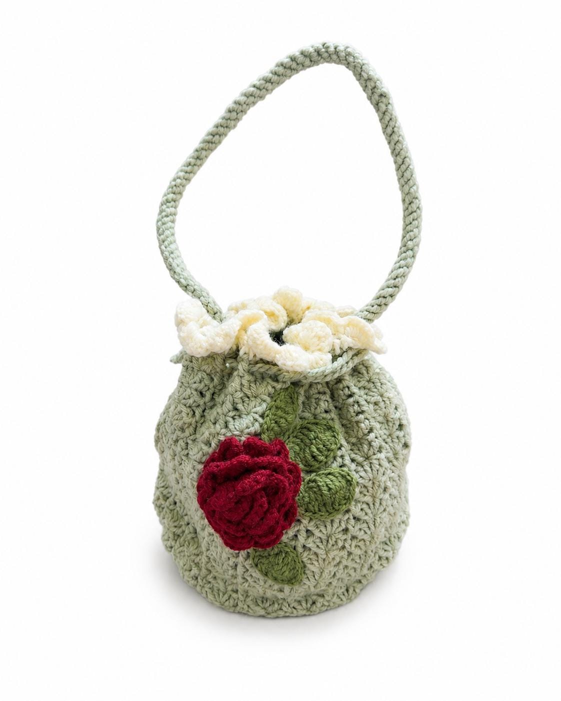 Stitch-by-Stitch Handmade Crochet Drawstring Bag, Floral Mini Bucket Purse + 2 Free Gifts