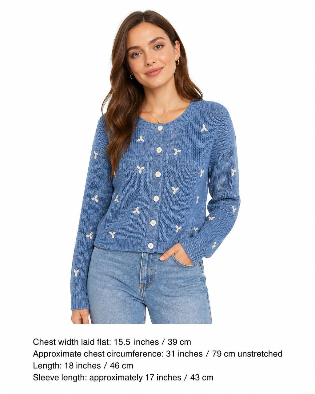 Stitch-by-Stitch Handmade Blue Knit Cardigan, Cream Leaf Balloon Sleeve Sweater + 2 Free Gifts