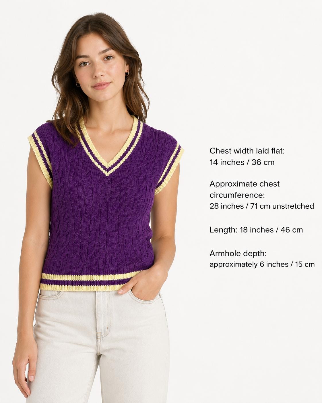 Stitch-by-Stitch Handmade Purple Cable Knit Sweater Vest, Yellow Trim V-Neck Petite XS + 2 Free Gifts