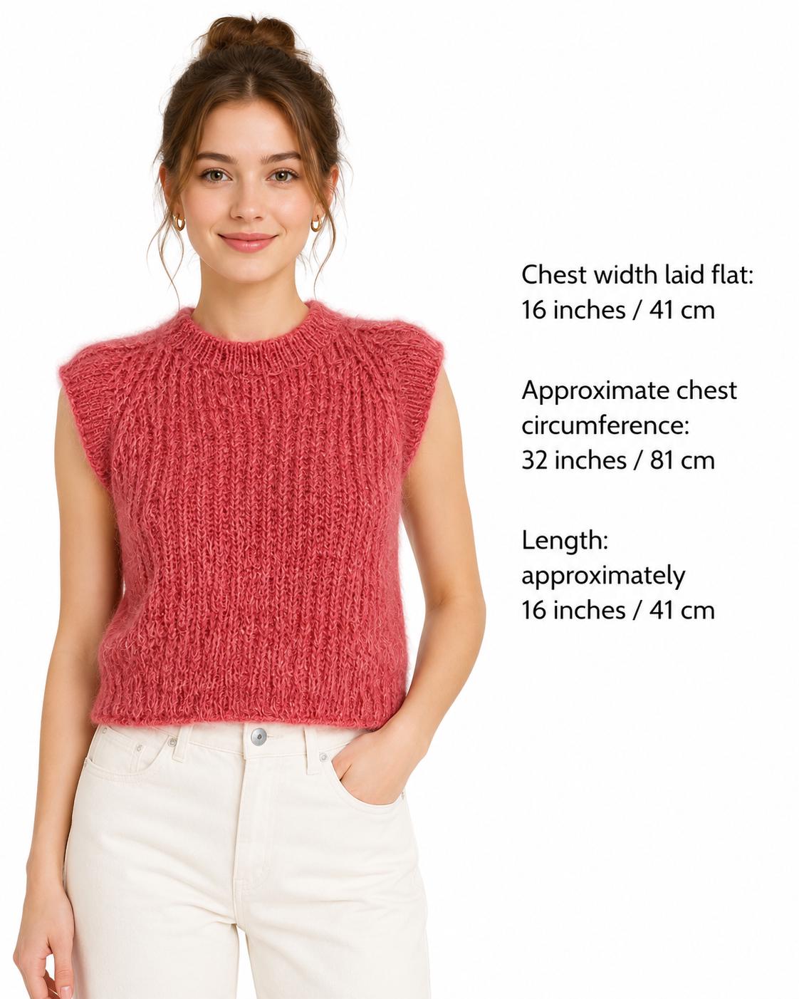 Stitch-by-Stitch Handmade Coral Fuzzy Knit Sweater Vest, Ruffle Shoulder Sleeveless Pullover + 2 Free Gifts