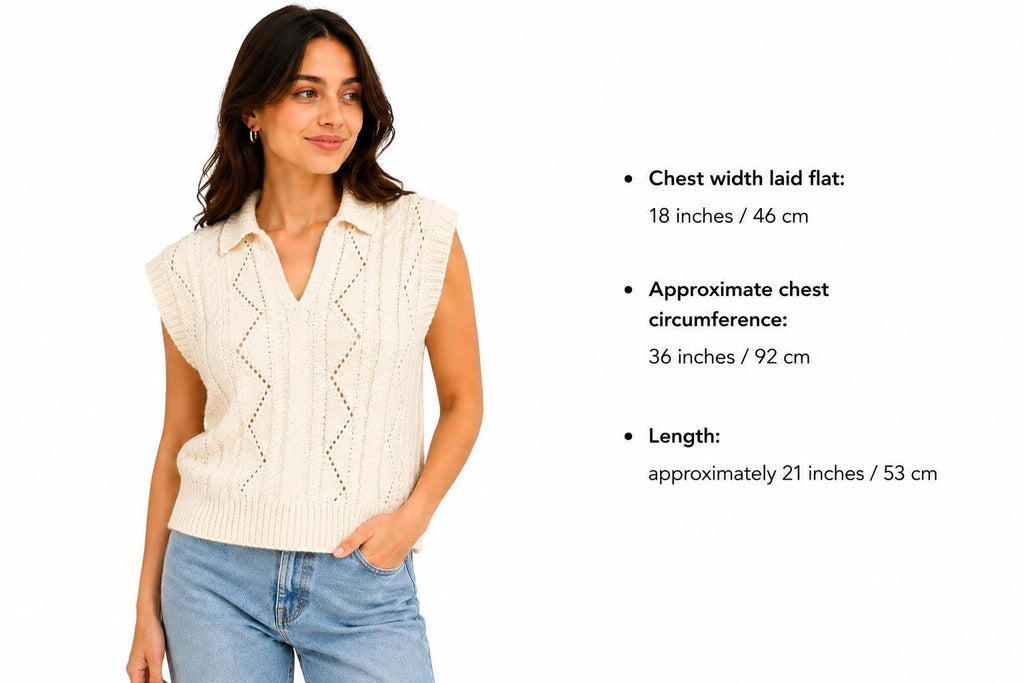 Stitch-by-Stitch Handmade Cream Cable Knit Sweater Vest, Collared V-Neck Sleeveless Pullover, Adult Small/Medium + 2 Free Gifts