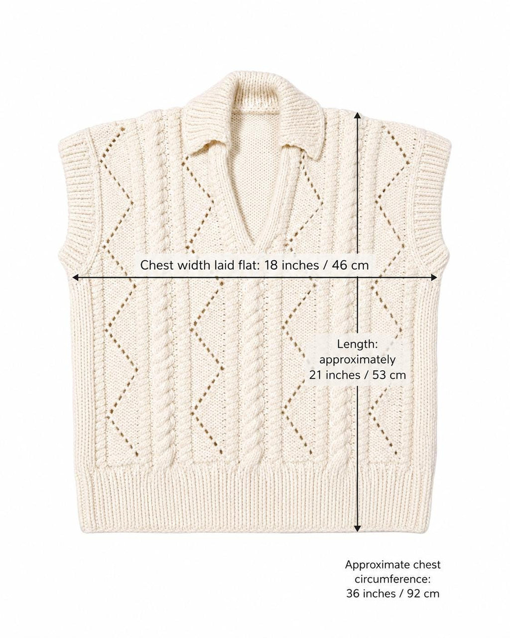 Stitch-by-Stitch Handmade Cream Cable Knit Sweater Vest, Collared V-Neck Sleeveless Pullover, Adult Small/Medium + 2 Free Gifts