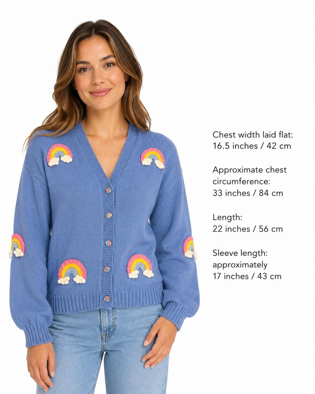 Stitch-by-Stitch Handmade Dusty Blue Knit Cardigan, Rainbow Appliqués, Balloon Sleeve, Small + 2 Free Gifts