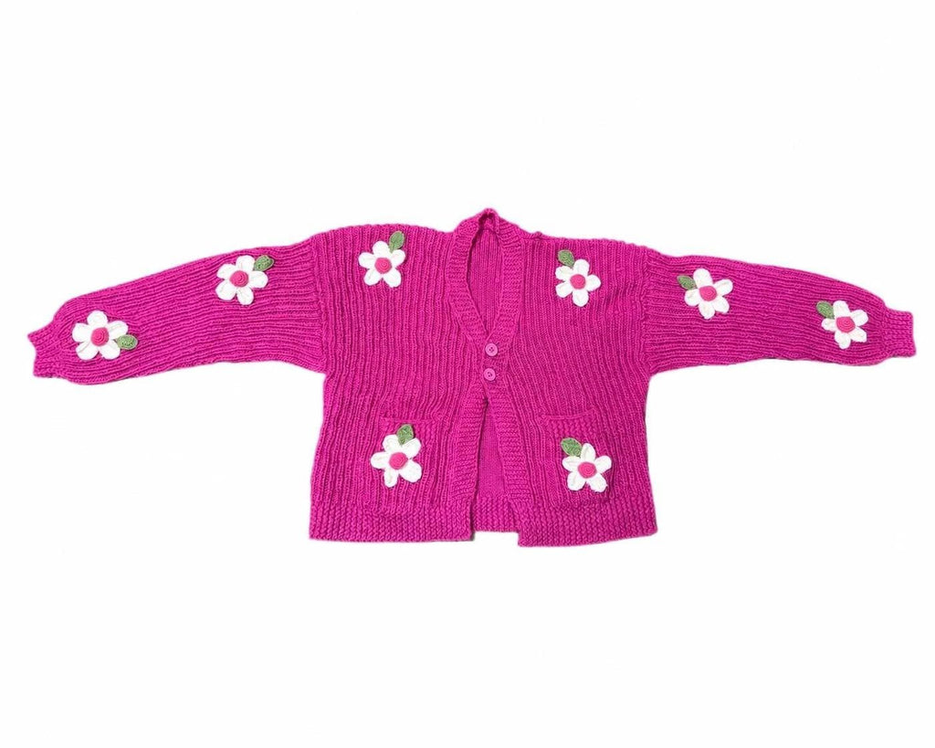 Stitch-by-Stitch Handmade Pink Floral Cardigan, Chunky Knit Button-Up Sweater, Adult Medium + 2 Free Gifts