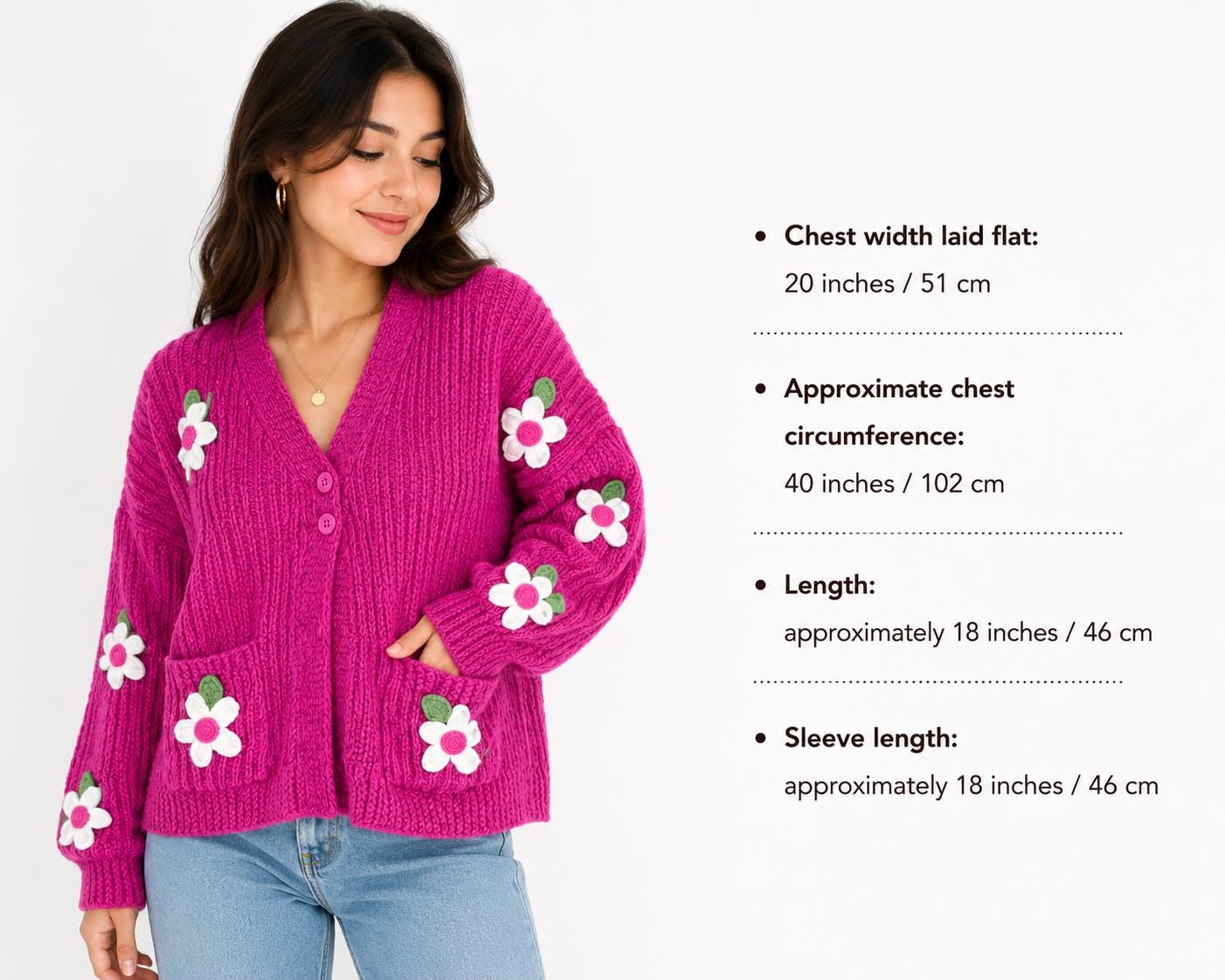 Stitch-by-Stitch Handmade Pink Floral Cardigan, Chunky Knit Button-Up Sweater, Adult Medium + 2 Free Gifts