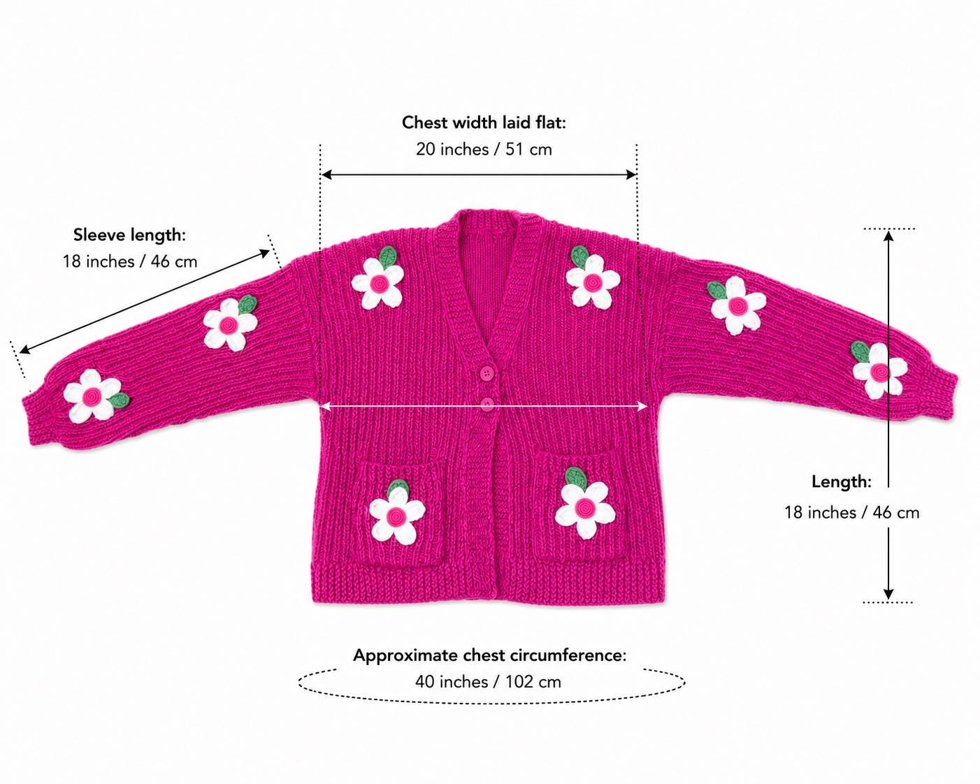Stitch-by-Stitch Handmade Pink Floral Cardigan, Chunky Knit Button-Up Sweater, Adult Medium + 2 Free Gifts