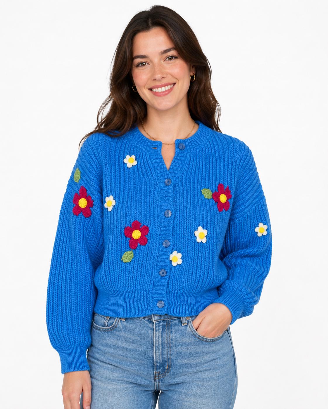 Stitch-by-Stitch Handmade Blue Knit Cardigan, Crochet Flower Appliqués, Cropped V-Neck Sweater + 2 Free Gifts