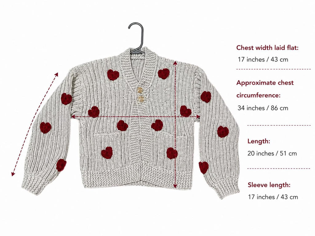 Stitch-by-Stitch Handmade Beige Chunky Knit Cardigan, Red Crochet Hearts, V-Neck Button-Up Sweater + 2 Free Gifts