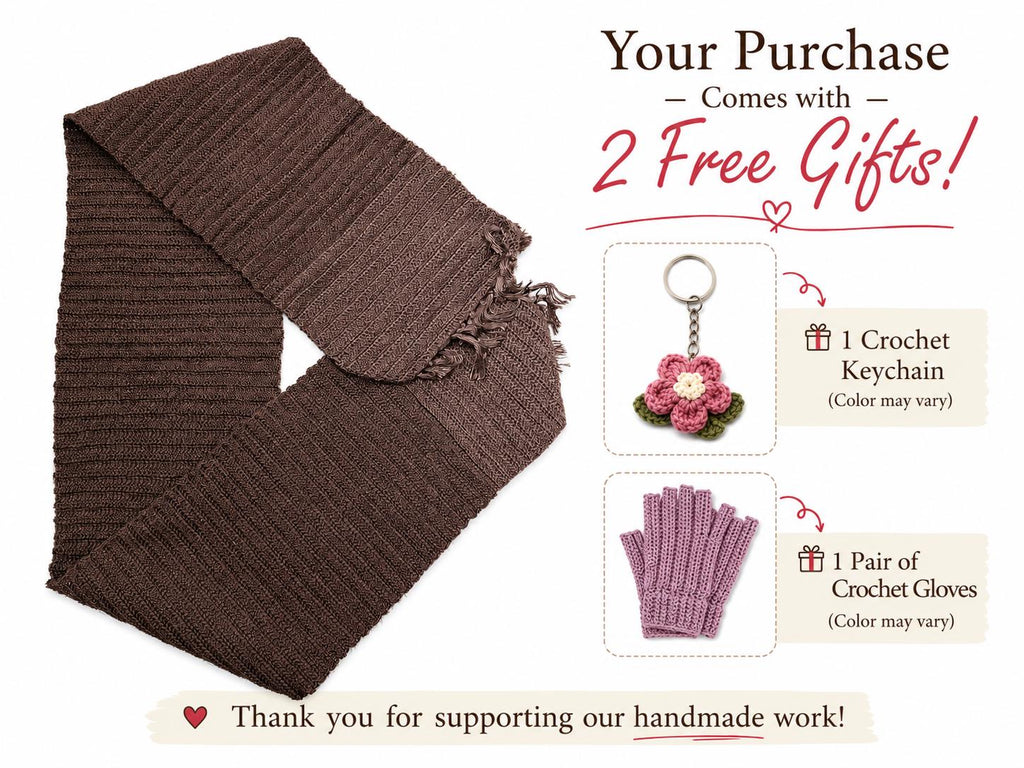 Stitch-by-Stitch Handmade Brown Crochet Scarf, Textured Fringe Winter Wrap + 2 Free Gifts