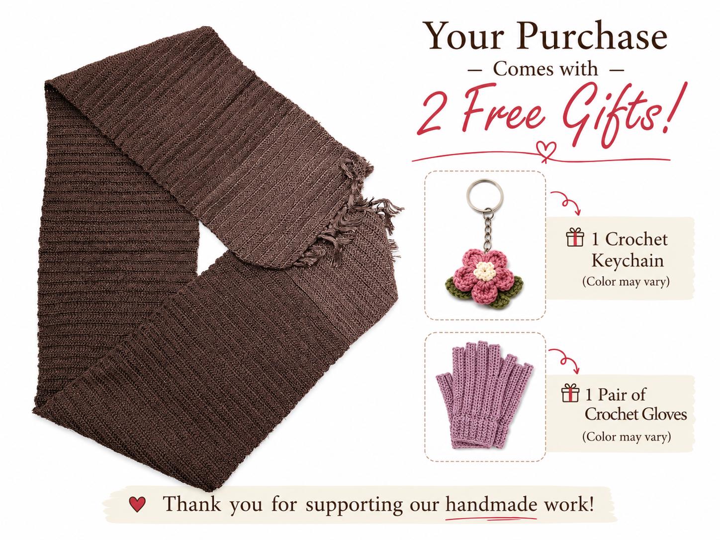 Stitch-by-Stitch Handmade Brown Crochet Scarf, Textured Fringe Winter Wrap + 2 Free Gifts