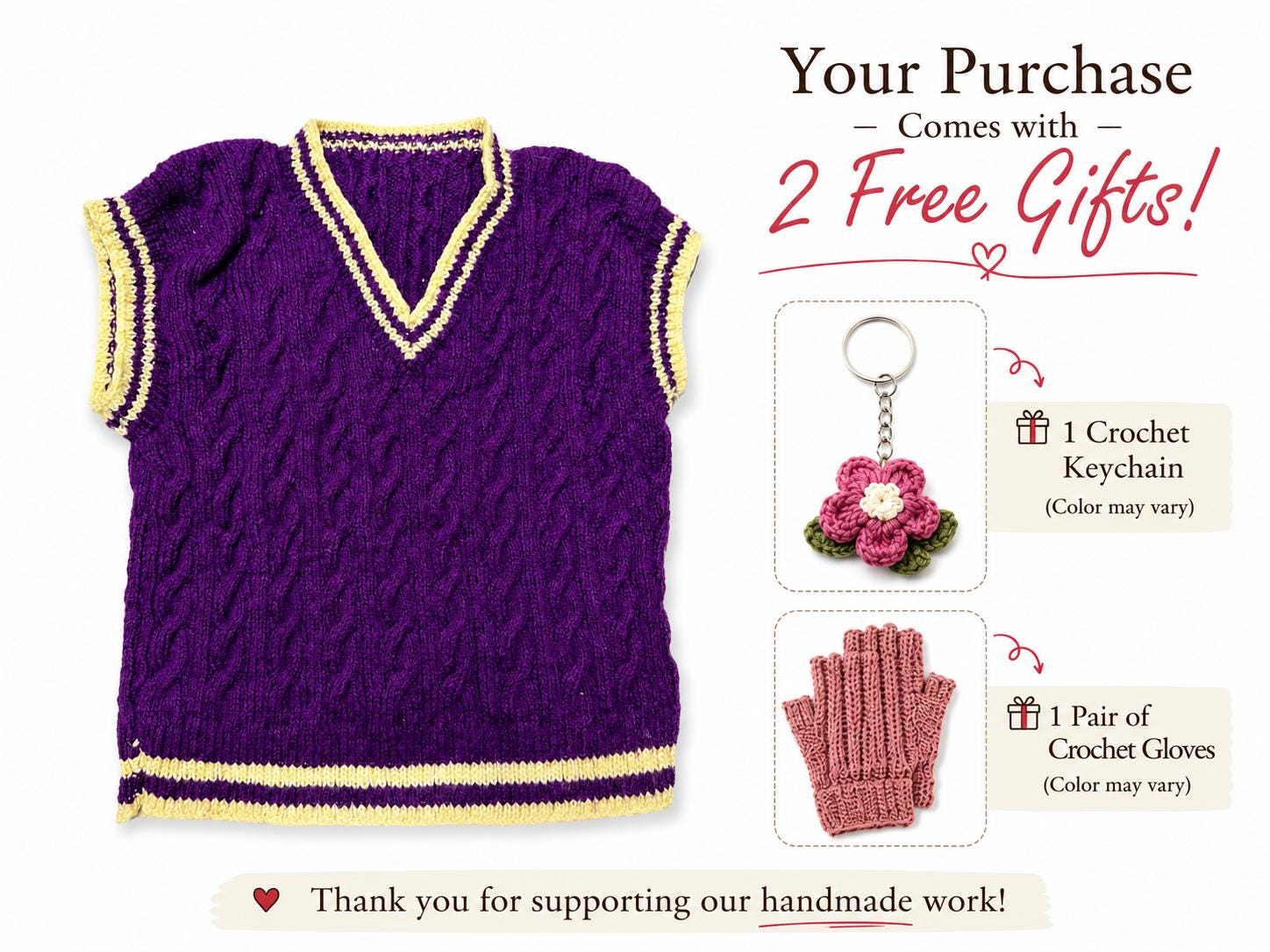 Stitch-by-Stitch Handmade Purple Cable Knit Sweater Vest, Yellow Trim V-Neck Petite XS + 2 Free Gifts