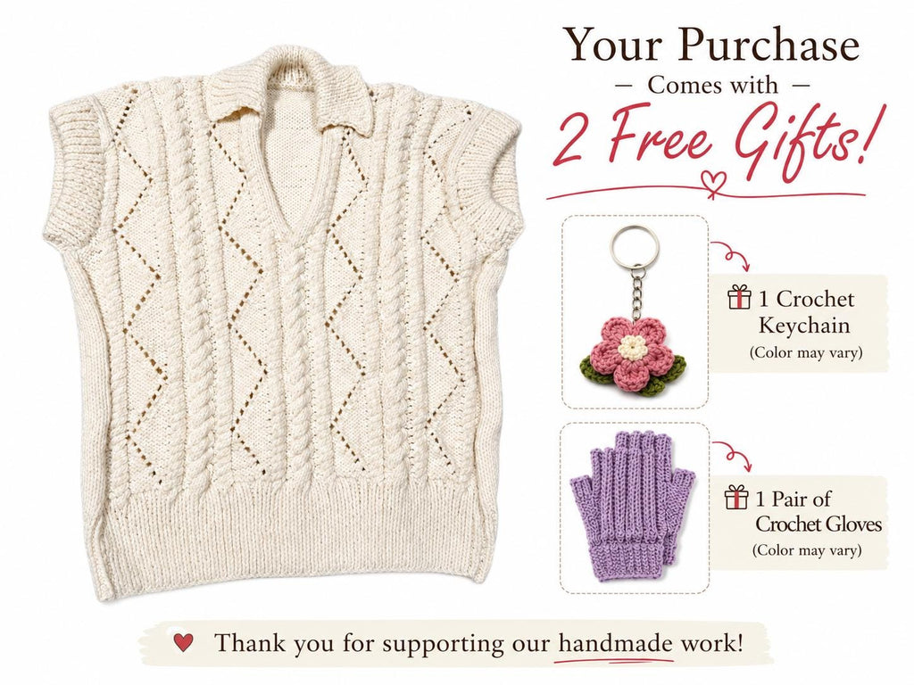Stitch-by-Stitch Handmade Cream Cable Knit Sweater Vest, Collared V-Neck Sleeveless Pullover, Adult Small/Medium + 2 Free Gifts