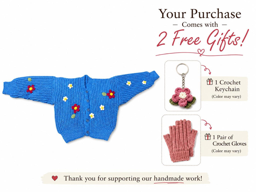 Stitch-by-Stitch Handmade Blue Knit Cardigan, Crochet Flower Appliqués, Cropped V-Neck Sweater + 2 Free Gifts