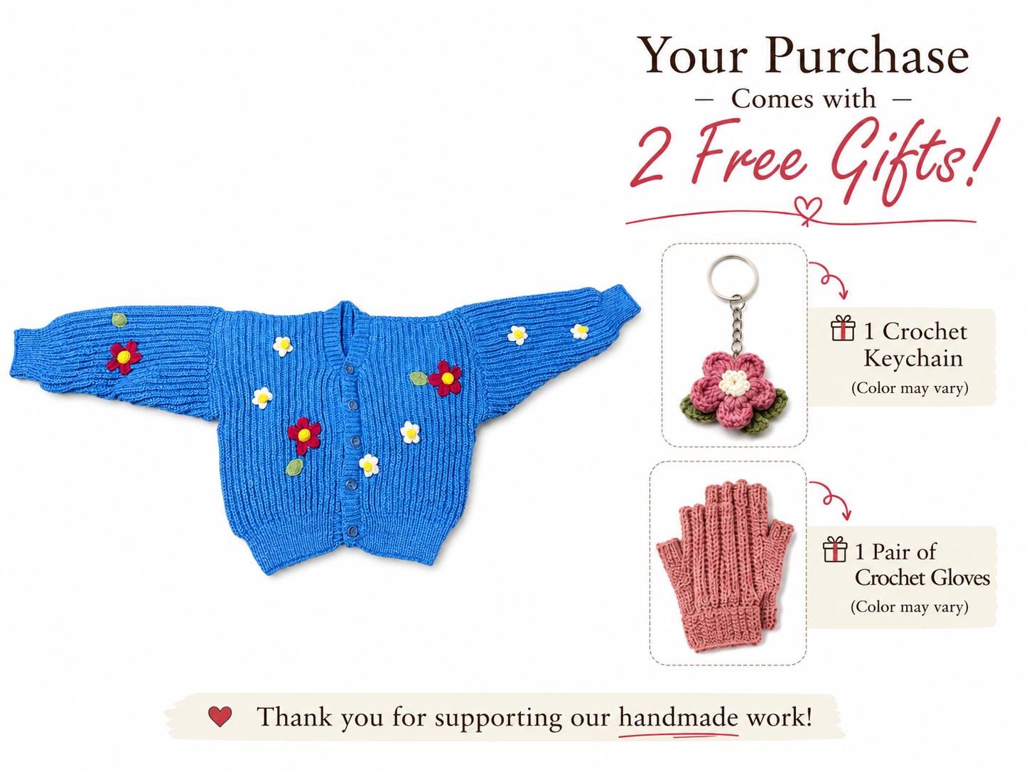 Stitch-by-Stitch Handmade Blue Knit Cardigan, Crochet Flower Appliqués, Cropped V-Neck Sweater + 2 Free Gifts