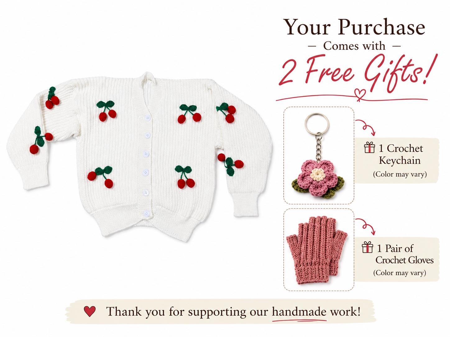 Stitch-by-Stitch Handmade Ivory Knit Cardigan, 3D Crochet Cherries, V-Neck Button-Up Sweater + 2 Free Gifts