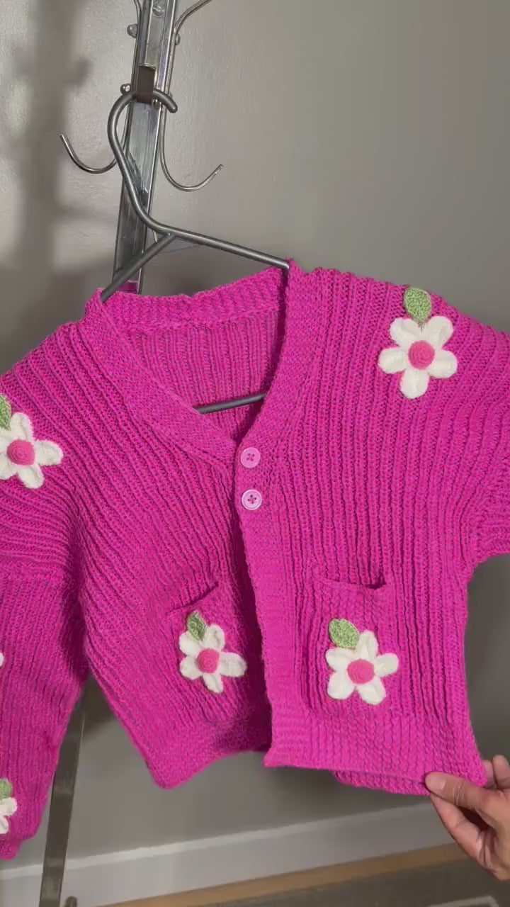 Handmade Pink Floral Cardigan Chunky Knit Button Up Sweater Adult Medium