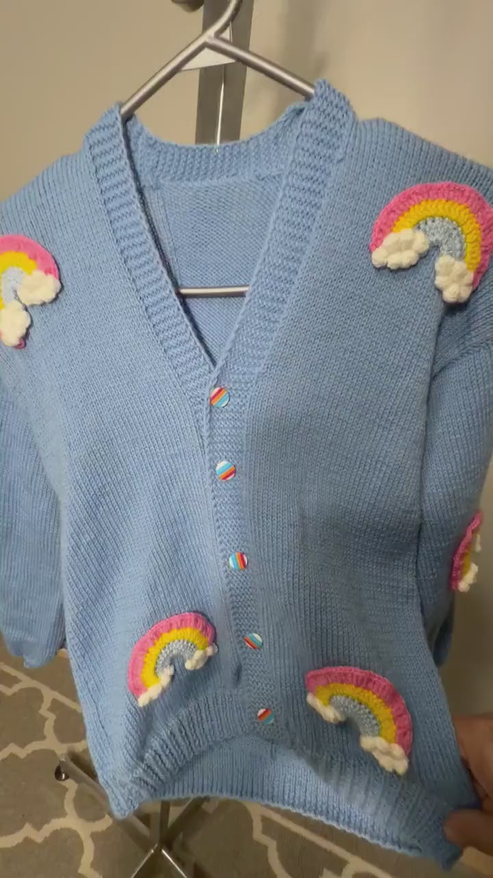 Stitch By Stitch Dusty Blue Knit Cardigan With Rainbow Appliques Balloon Sleeves